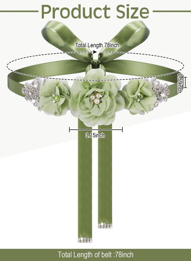 Glitopper Wedding Bridal Belt Sash with Flower Rhinestone Pearl for Bride Bridesmaid Maternity Flower Dress(Olive Green) - Image 2